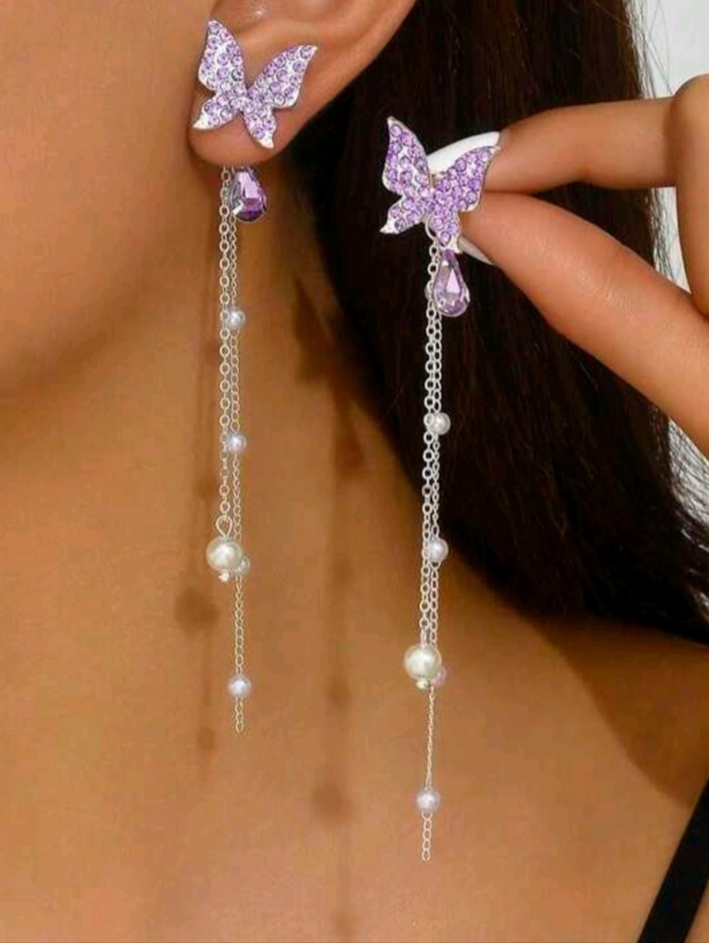 Butterfly🦋 Purple Crystal Faux Pearl Tassels Dangle Drop Earrings